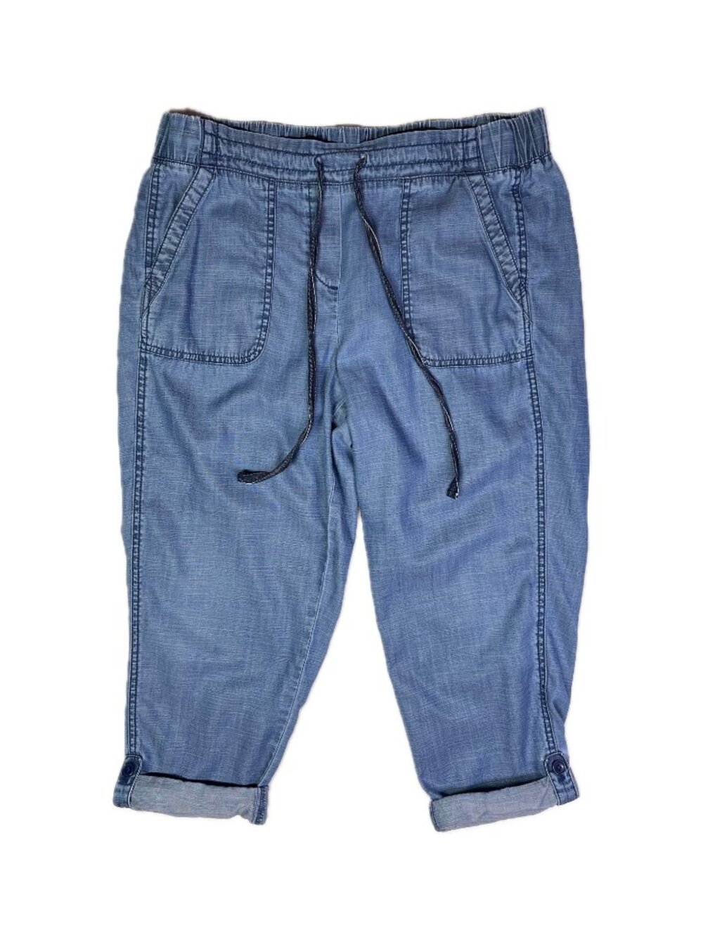 Talbots Size 10P Pull-On Chambray Pants Elastic Waist Roll Cuffs